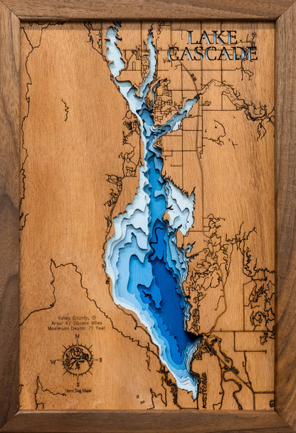 Lake Cascade in Valley County, ID engraved wood map, showcasing accurate topographical features.