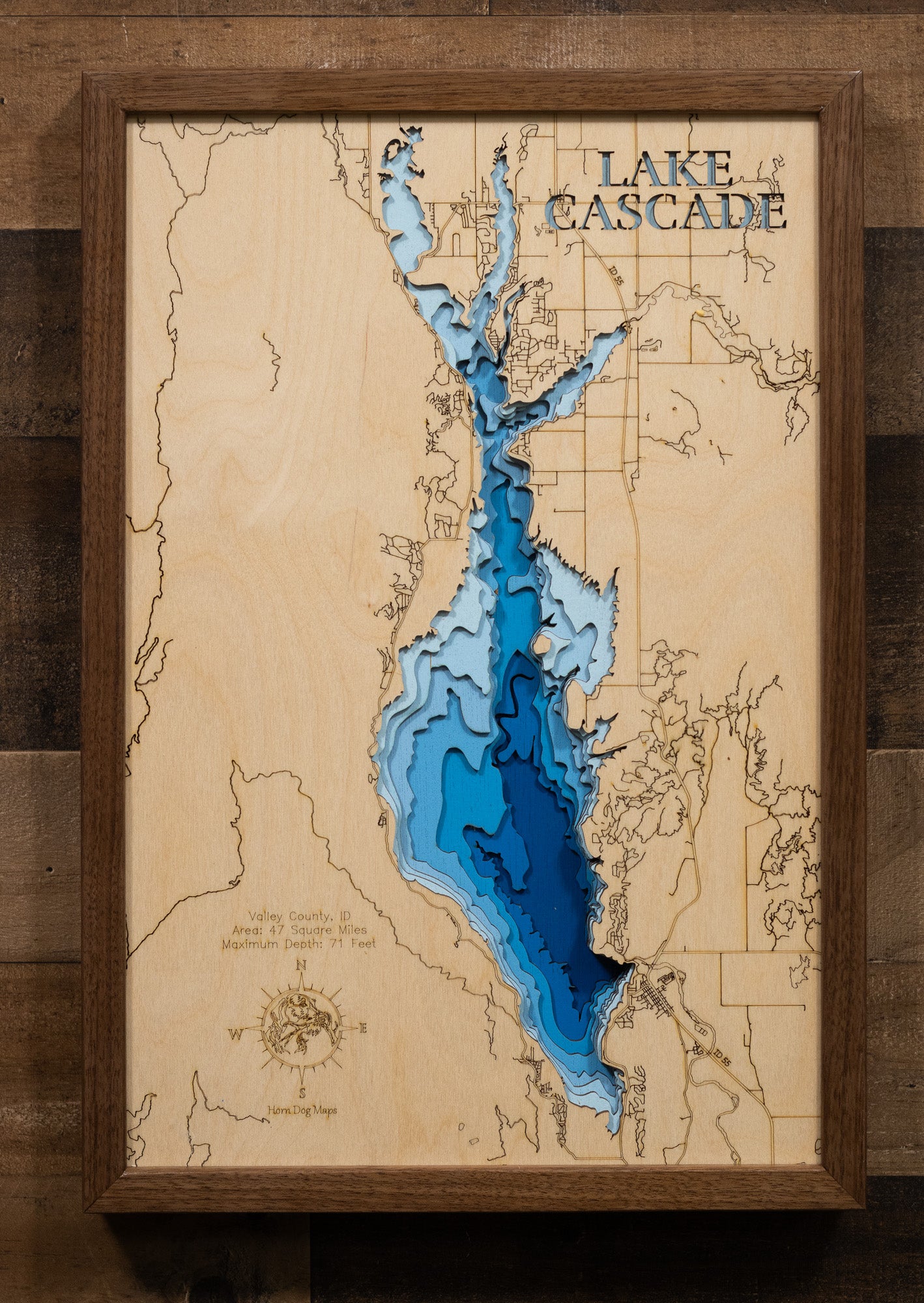Lake Cascade in Valley County, ID engraved wood map, showcasing accurate topographical features.
