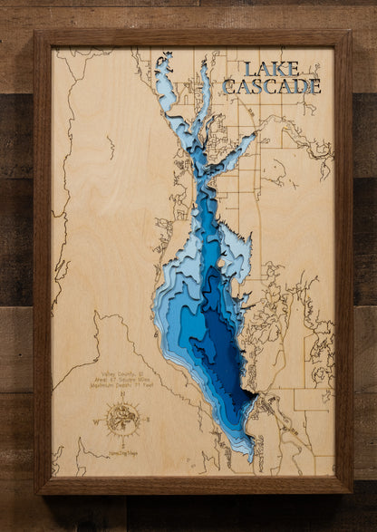 Lake Cascade in Valley County, ID engraved wood map, showcasing accurate topographical features.