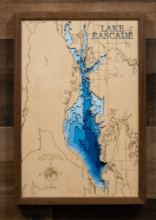 Lake Cascade in Valley County, ID engraved wood map, showcasing accurate topographical features.