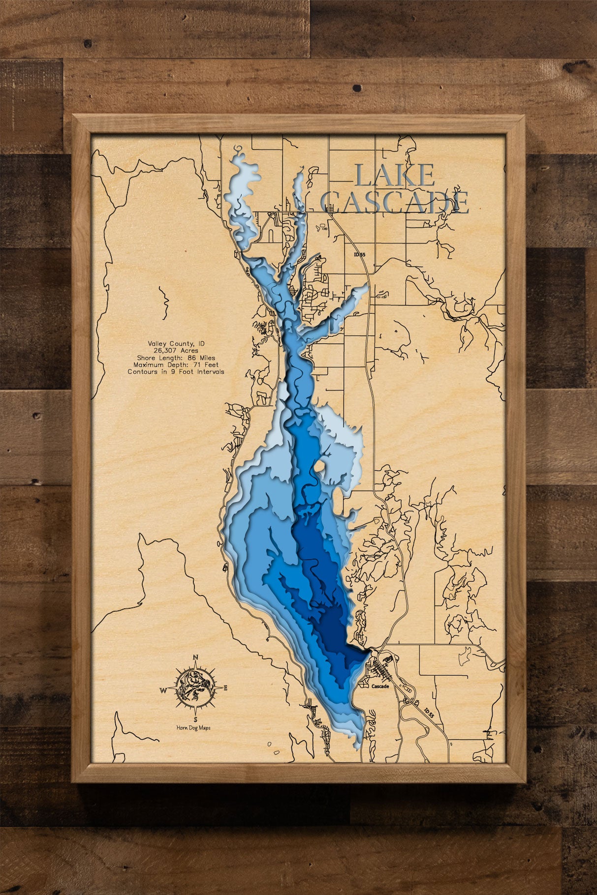 Lake Cascade in Valley County, ID engraved wood map, showcasing accurate topographical features.