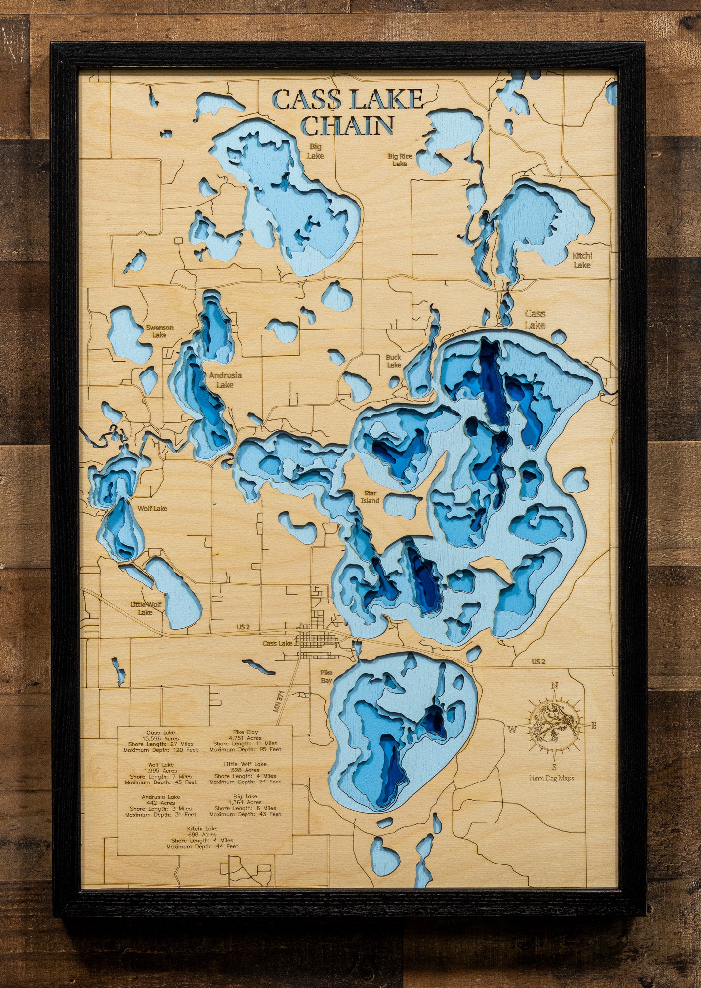 Precision-cut wooden map of Cass Lake Chain in Cass and Beltrami Counties, MN, perfect for unique decor.