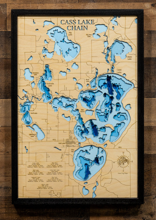 Precision-cut wooden map of Cass Lake Chain in Cass and Beltrami Counties, MN, perfect for unique decor.
