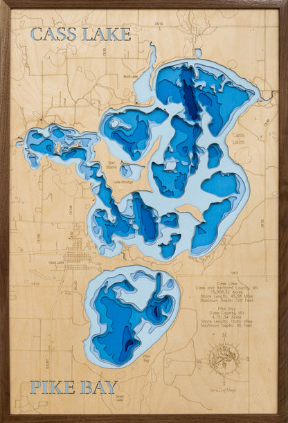 3D wooden lake map of 3d Depth map of Cass Lake and Pike Bay, showcasing detailed depth layers and contours.