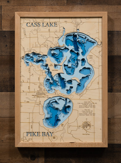 3D wooden lake map of 3d Depth map of Cass Lake and Pike Bay, showcasing detailed depth layers and contours.