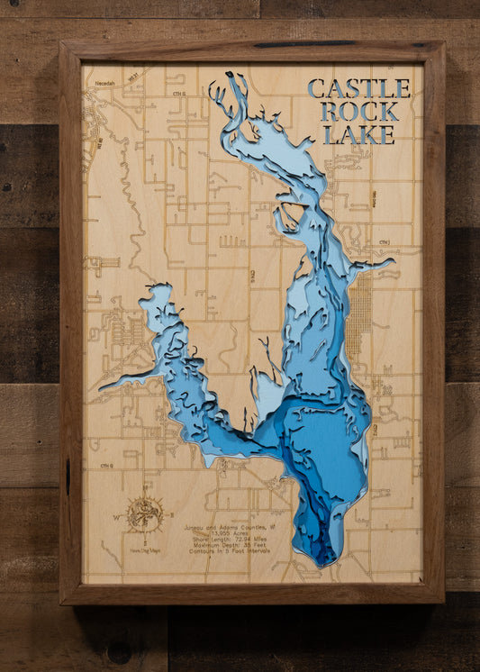 Castle Rock Lake in Juneau and Adams Counties, WI 3D depth map, laser cut from high-quality wood.