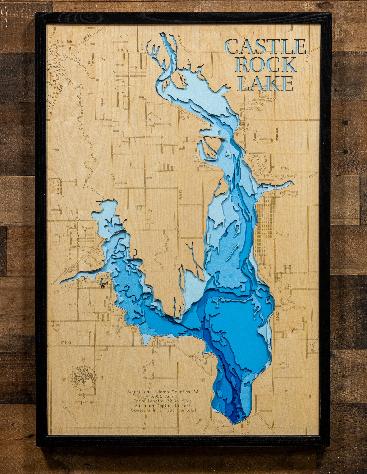 Castle Rock Lake in Juneau and Adams Counties, WI 3D depth map, laser cut from high-quality wood.