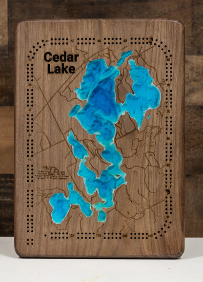 Decorative 3D wooden cribbage board of Cedar Lake in Aitkin County, MN, crafted with care.