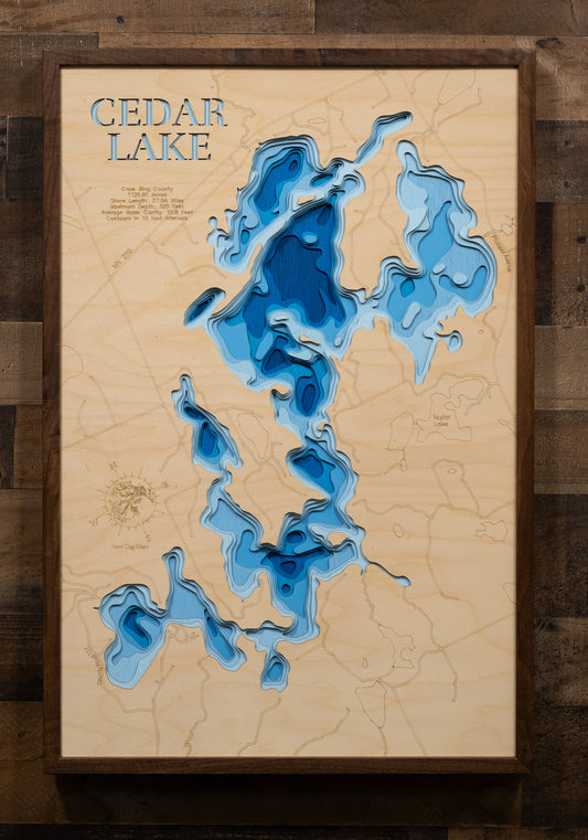 Decorative 3D wooden lake map of 3d Wooden Lake Map of Cedar Lake in Aitkin County, MN, crafted with care.