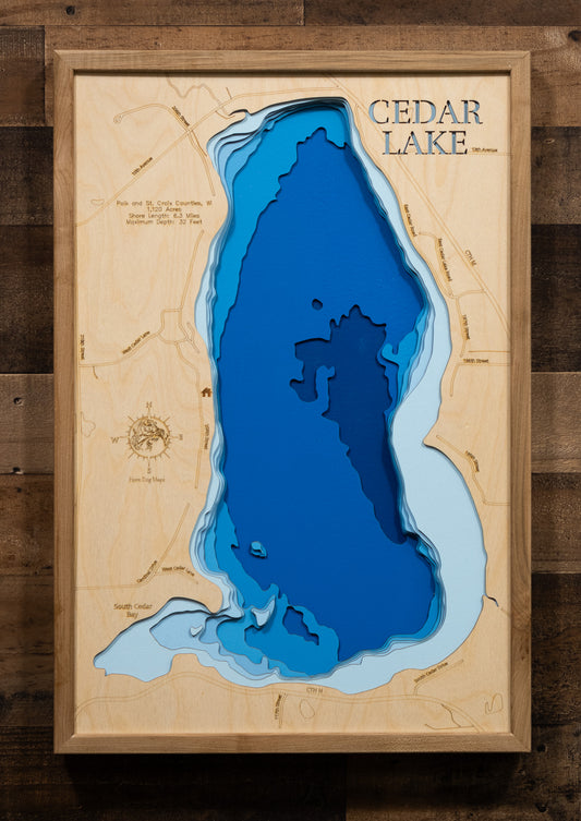 Unique wooden lake map of Cedar Lake in Polk County, Wisconsin &nbsp;, featuring intricate depth details.