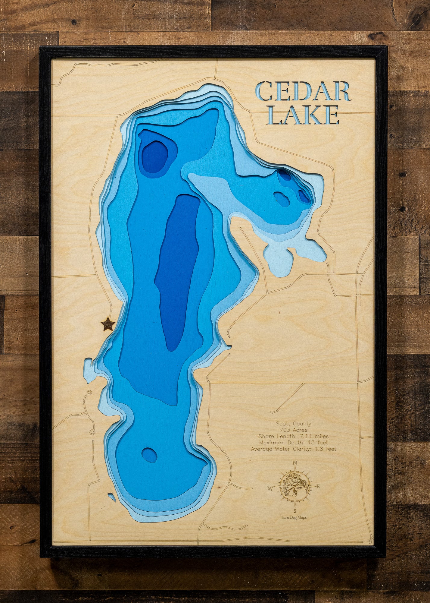 Cedar Lake in stunning 3D wood map design, with detailed topography.