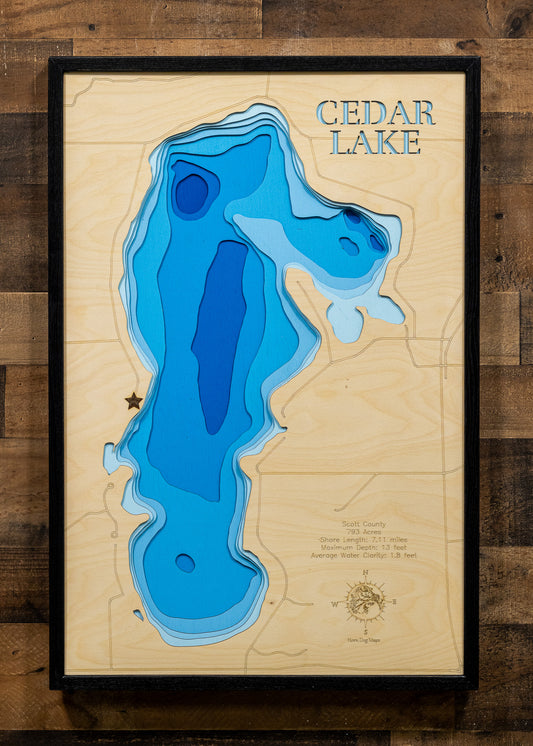 Cedar Lake in stunning 3D wood map design, with detailed topography.