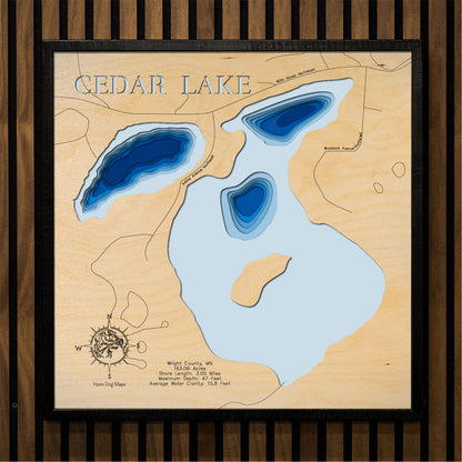 High-definition wooden relief map of Cedar Lake in Monticello County, MN, Near Monticello, handmade for durability.