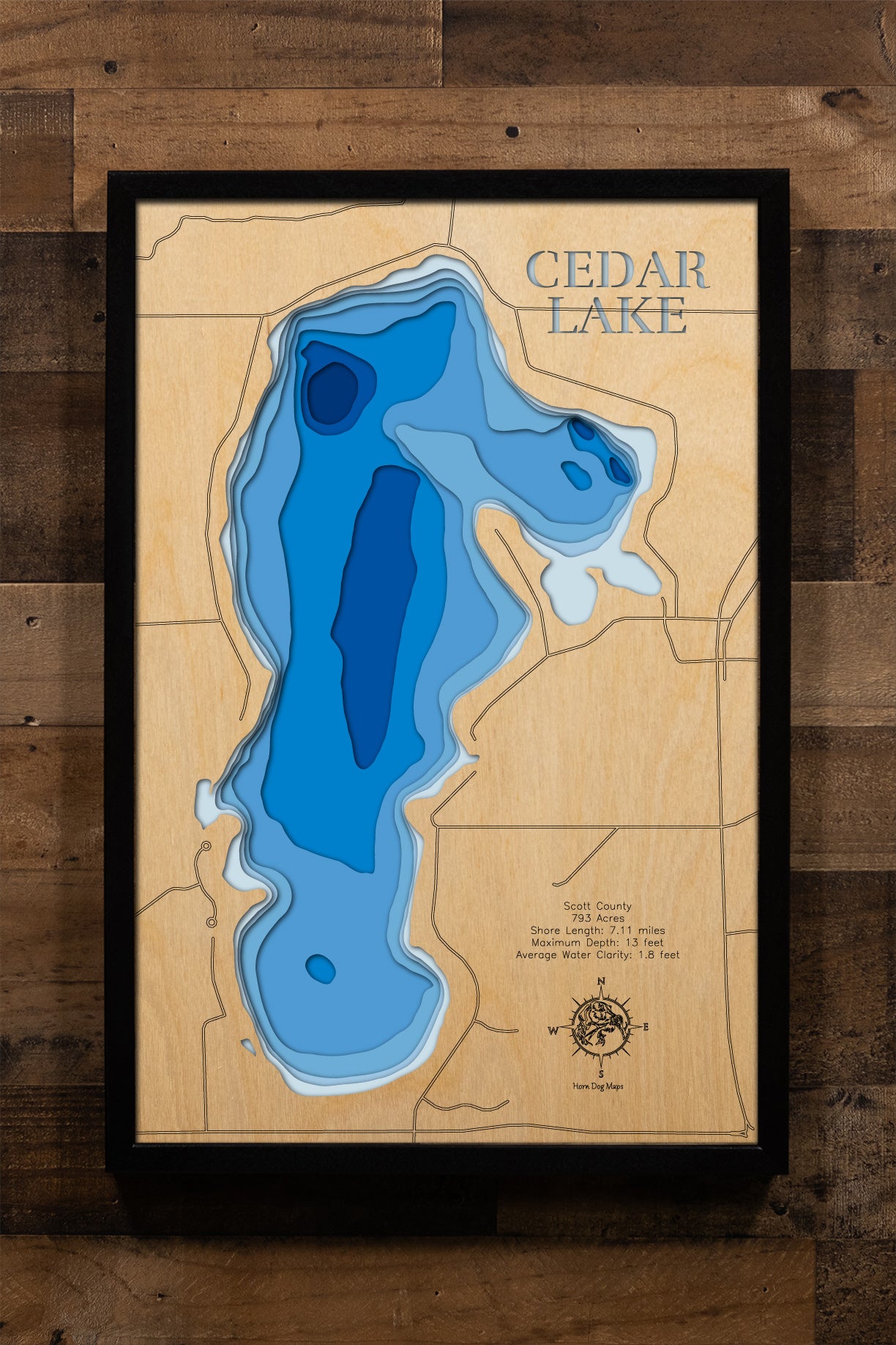 Cedar Lake in stunning 3D wood map design, with detailed topography.