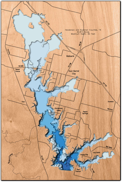 Cedar Creek Reservoir in Henderson and Kaufman Counties, TX custom 3D wood map, perfect for home decor and gifts.