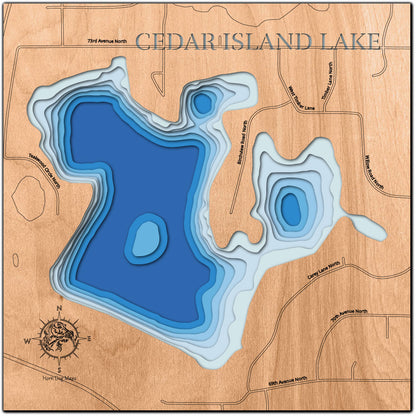 Cedar Island Lake in Hennepin County, MN &nbsp; in stunning 3D wood map design, with detailed topography.