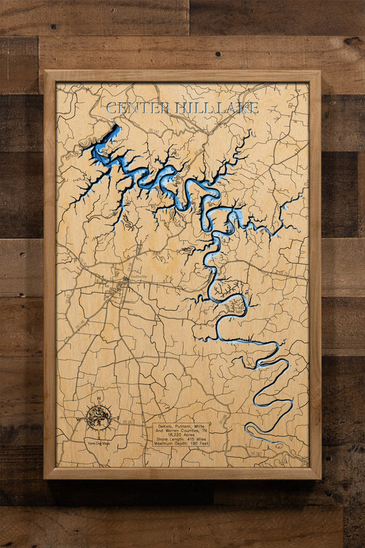 Decorative 3D wooden lake map of Center Hill Lake in DeKalb, Putnam, White, and Warren Counties, TN, crafted with care.