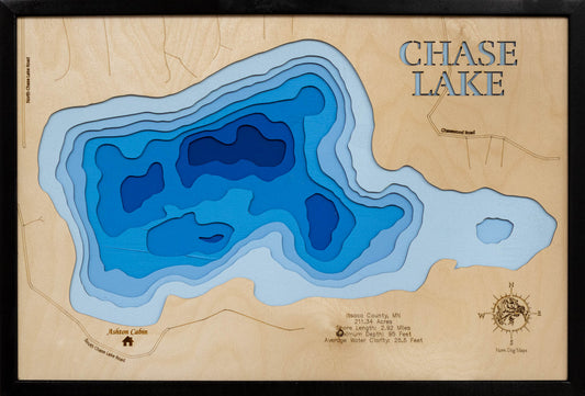 Artisanally carved wooden lake map of Chase Lake in Itasca County, MN, highlighting bathymetry.