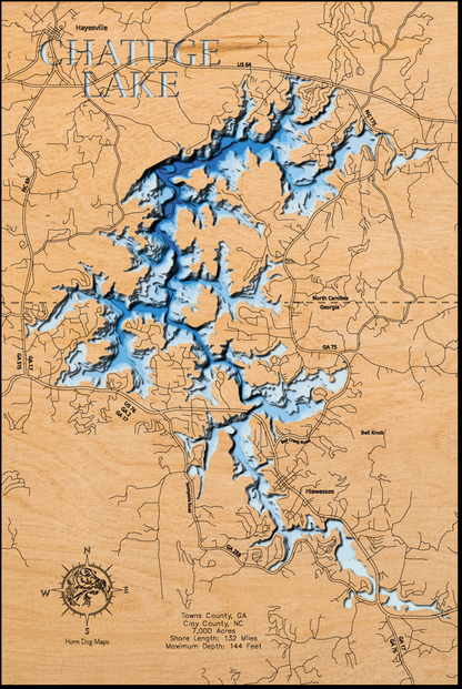 Custom wooden map of Chatuge Lake in Towns County, GA and Clay County, NC with layered depth highlights.