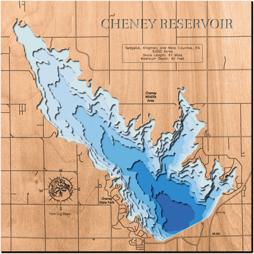 Artisanally carved wooden lake map of Cheney Reservoir in Sedgwick, Kingman, and Reno Counties, KS, highlighting bathymetry.