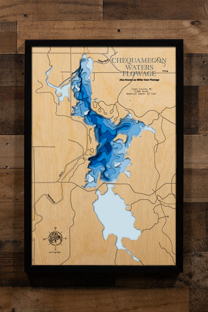 A meticulously detailed, laser-cut, multi-layered wooden map of Chequamegon Waters Flowage (Miller Dam Flowage) in Taylor County, Wisconsin, showcasing the expansive 2,366-acre reservoir with Forest Road 121 causeway crossing and five boat launches. The topographic design features natural wood layers highlighting the Chequamegon National Forest landscape and graduated blue water layers illustrating the shallow 22-foot maximum depth.