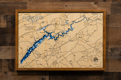 A masterfully laser-cut, multi-layered wooden relief map of Cherokee Lake spanning four Tennessee counties. The intricate topographic design captures the 30,300-acre reservoir's 400 miles of winding shoreline through the Holston River Valley, depth contours descending to 175 feet, the mile-long Cherokee Dam stretching 6,760 feet across the Holston River, and the lake's 59-mile journey through rolling farmland beneath the impressive Clinch Mountains.