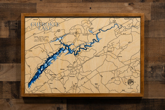 A masterfully laser-cut, multi-layered wooden relief map of Cherokee Lake spanning four Tennessee counties. The intricate topographic design captures the 30,300-acre reservoir's 400 miles of winding shoreline through the Holston River Valley, depth contours descending to 175 feet, the mile-long Cherokee Dam stretching 6,760 feet across the Holston River, and the lake's 59-mile journey through rolling farmland beneath the impressive Clinch Mountains.