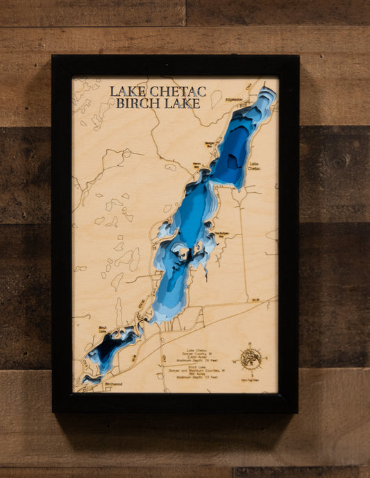 Chetac Lake in Sawyer County, WI and Birch Lake in Washburn County, WI engraved wood map, showcasing accurate topographical features.