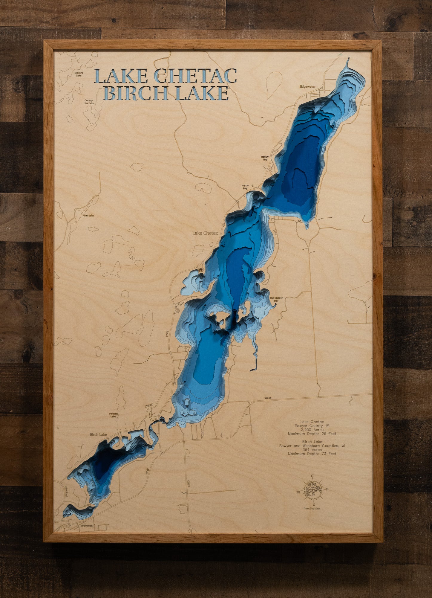 Chetac Lake in Sawyer County, WI and Birch Lake in Washburn County, WI engraved wood map, showcasing accurate topographical features.