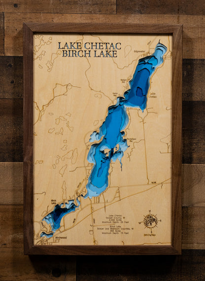 Chetac Lake in Sawyer County, WI and Birch Lake in Washburn County, WI engraved wood map, showcasing accurate topographical features.