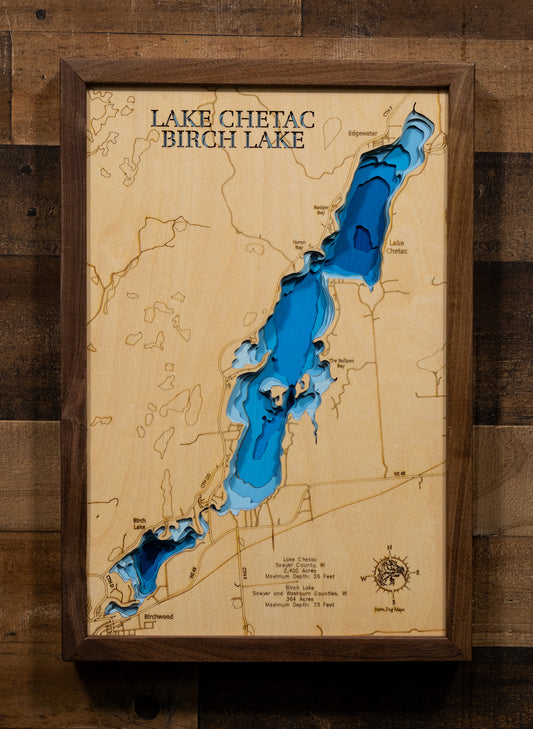 Chetac Lake in Sawyer County, WI and Birch Lake in Washburn County, WI engraved wood map, showcasing accurate topographical features.