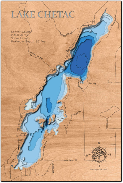 3D wooden lake map of Chetac Lake in Sawyer County, WI, showcasing detailed depth layers and contours.