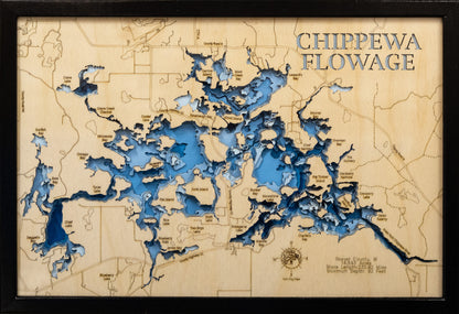 Chippewa Flowage in Sawyer County, WI in stunning 3D wood map design, with detailed topography.