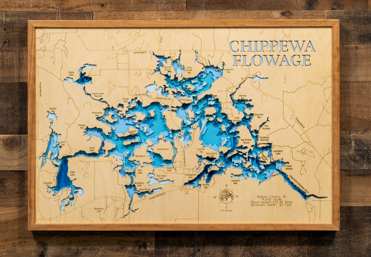 Chippewa Flowage in Sawyer County, WI in stunning 3D wood map design, with detailed topography.
