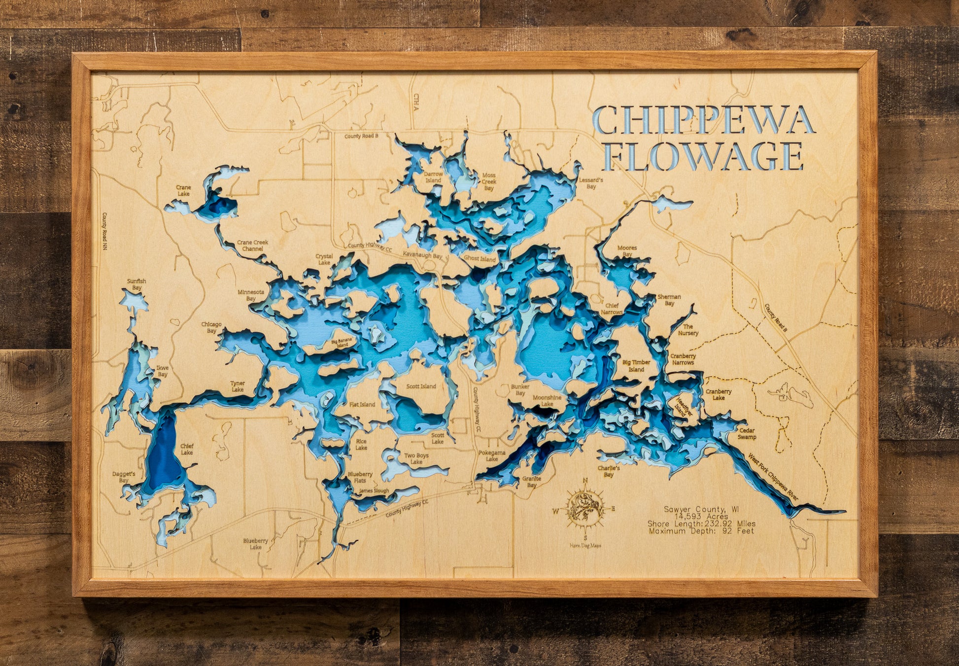 Chippewa Flowage in Sawyer County, WI in stunning 3D wood map design, with detailed topography.