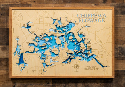Chippewa Flowage in Sawyer County, WI in stunning 3D wood map design, with detailed topography.