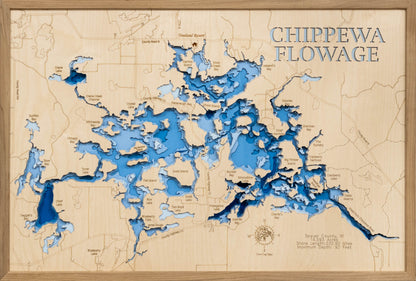 Chippewa Flowage in Sawyer County, WI in stunning 3D wood map design, with detailed topography.