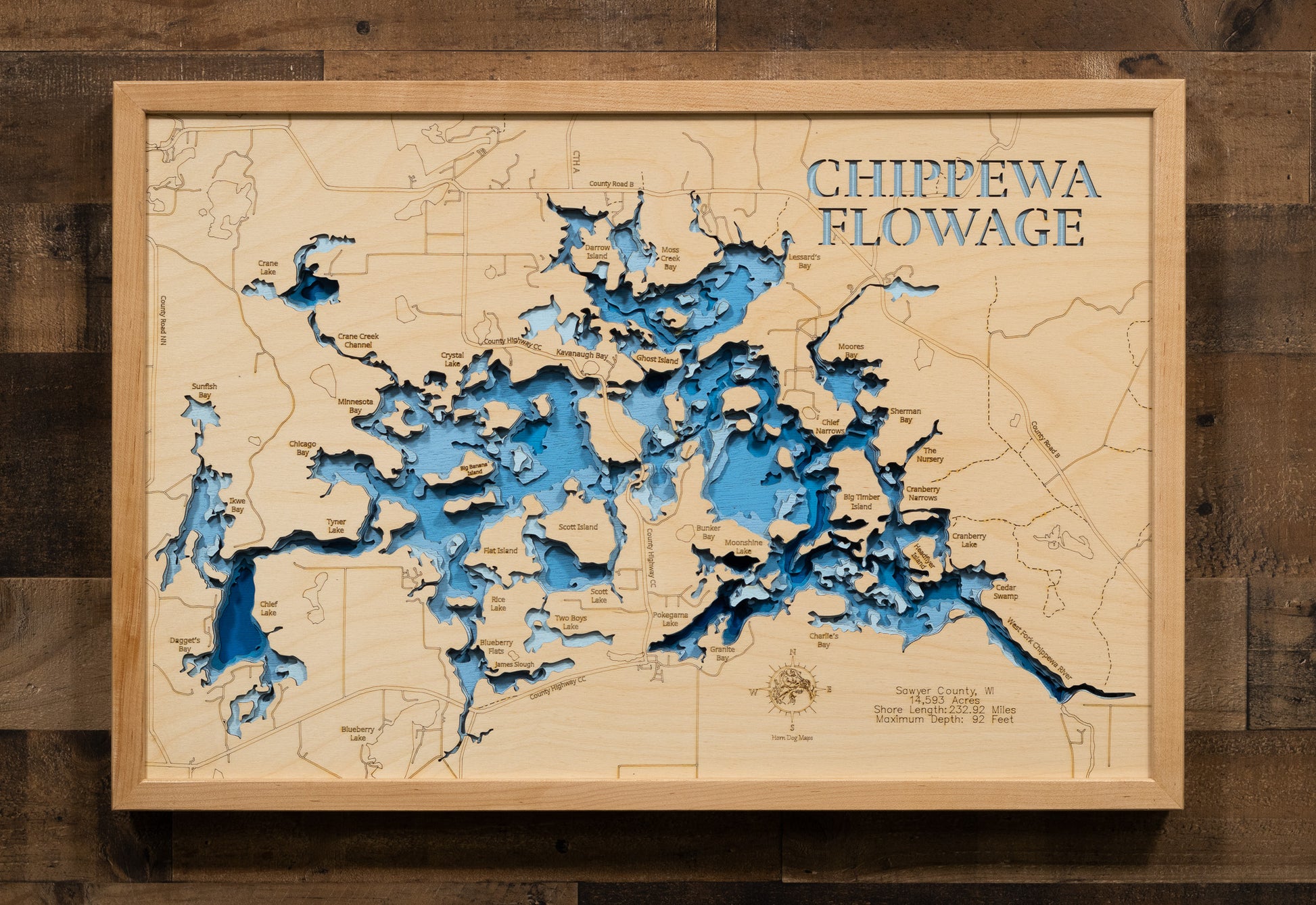 Chippewa Flowage in Sawyer County, WI in stunning 3D wood map design, with detailed topography.