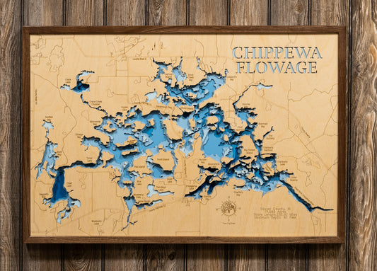 Chippewa Flowage in Sawyer County, WI in stunning 3D wood map design, with detailed topography.