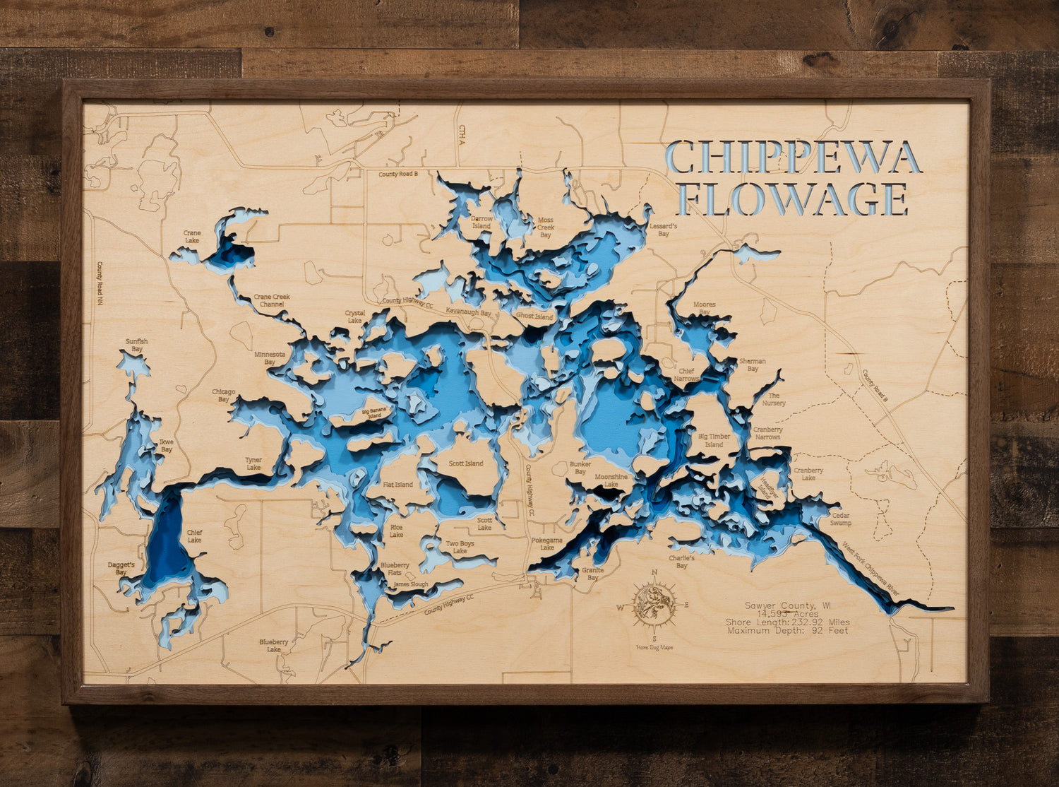 Chippewa Flowage in Sawyer County, WI in stunning 3D wood map design, with detailed topography.