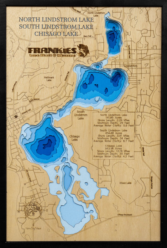 Artisanally carved wooden lake map of 3d Depth Map of South Lindstrom and Chisago Lakes, highlighting bathymetry.