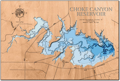 High-definition wooden relief map of Choke Canyon Reservoir in Live Oak and McMullen Counties, TX, handmade for durability.