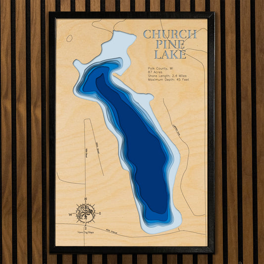 Church Pine Lake in Polk County, WI 3D depth map, laser cut from high-quality wood.