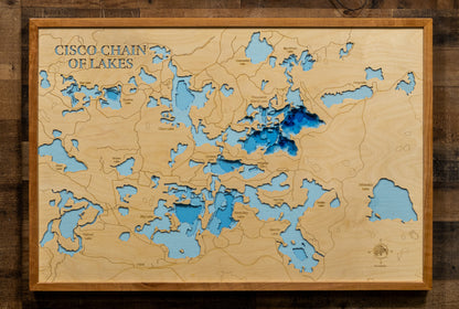 Exquisite wooden map of Cisco Chain  of Lakes in Vilas County, WI and Gogebic County, MI with detailed lakebed features.