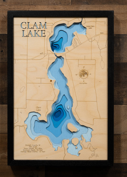 3D wooden lake map of Clam Lake in Burnett County, WI, showcasing detailed depth layers and contours.