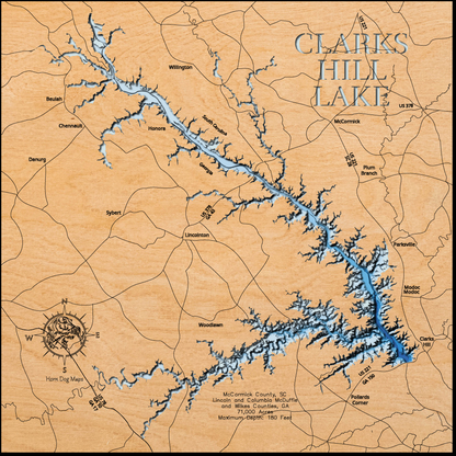 Precision-cut wooden map of Clarks Hill Lake / Strom Thurmond Lake in McCormick County, SC, Lincoln, Columbia, McDuffie, and Wilkes Counties, GA, perfect for unique decor.