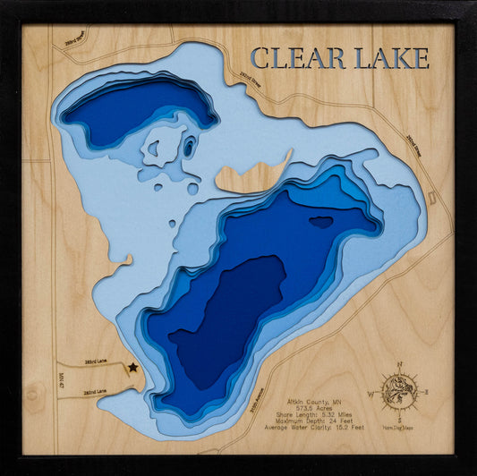 Unique wooden lake map of Clear Lake in Aitkin County, MN, featuring intricate depth details.