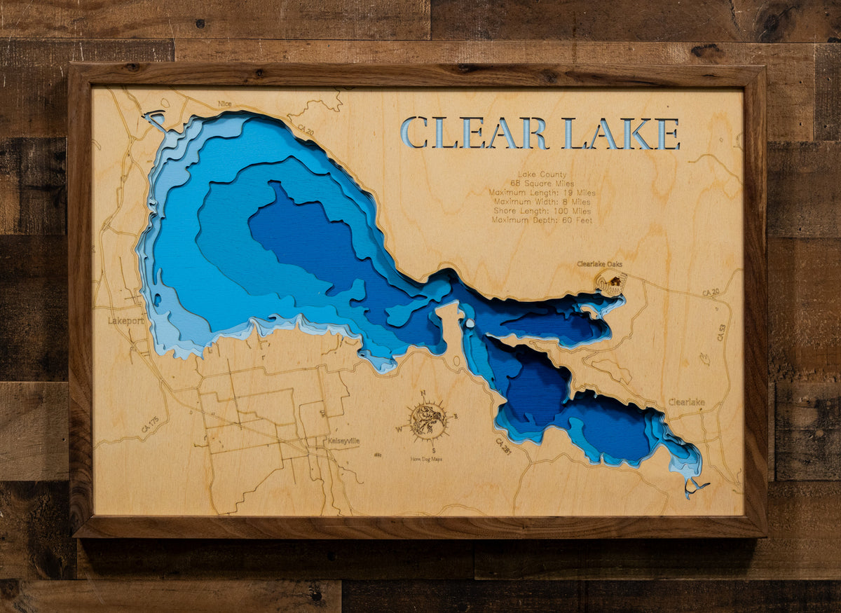 Clear Lake in Lake County, CA custom 3D wood map, perfect for home decor and gifts.