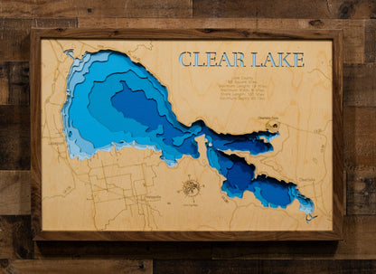 Clear Lake in Lake County, CA custom 3D wood map, perfect for home decor and gifts.