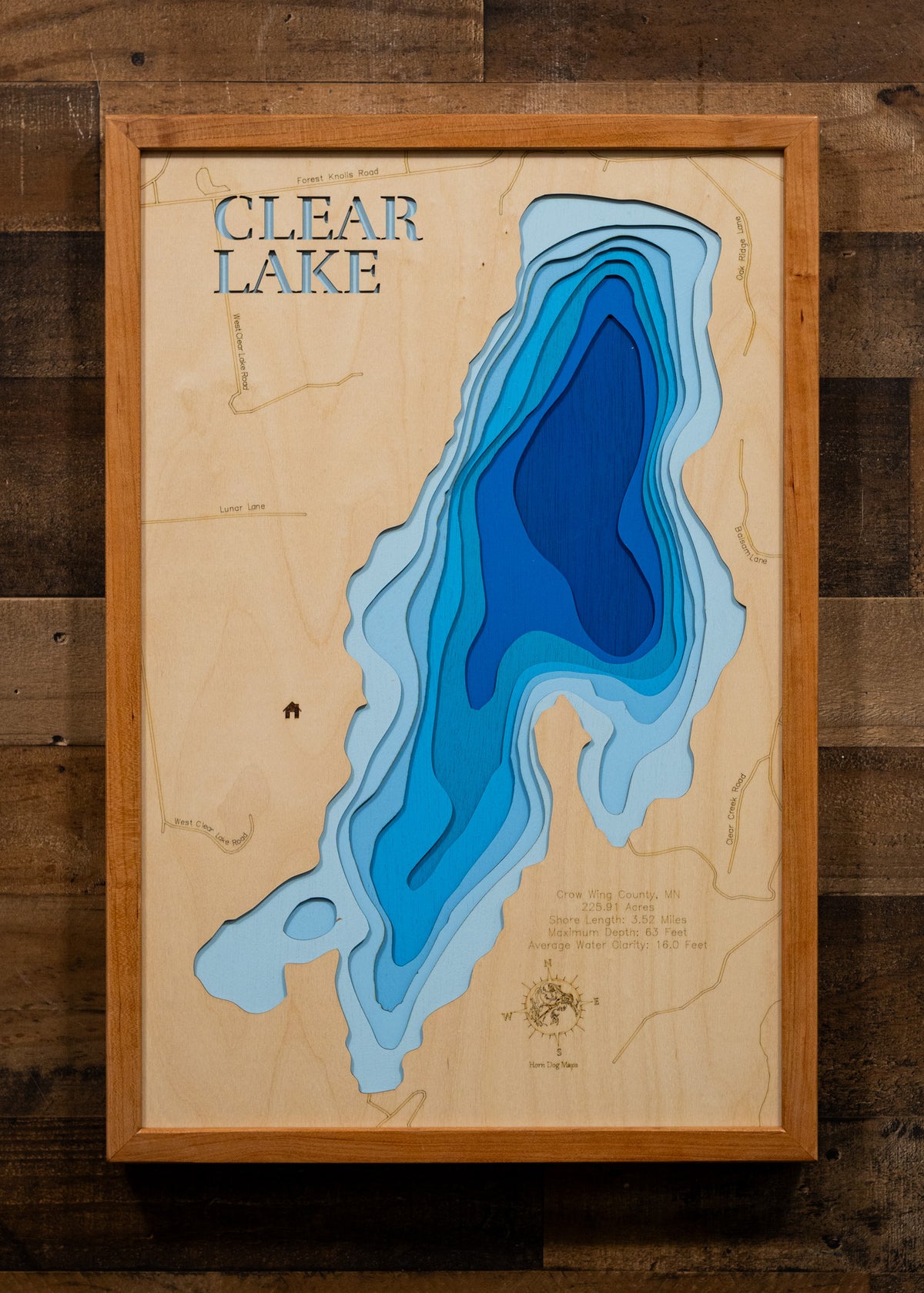 Clear Lake in Crow Wing County, MN in stunning 3D wood map design, with detailed topography.